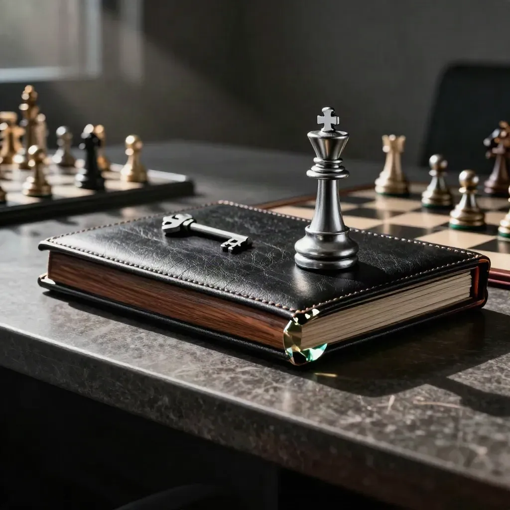 Smoked glass, walnut portfolio, black leather and a silver chess king in a moody boardroom alcove.