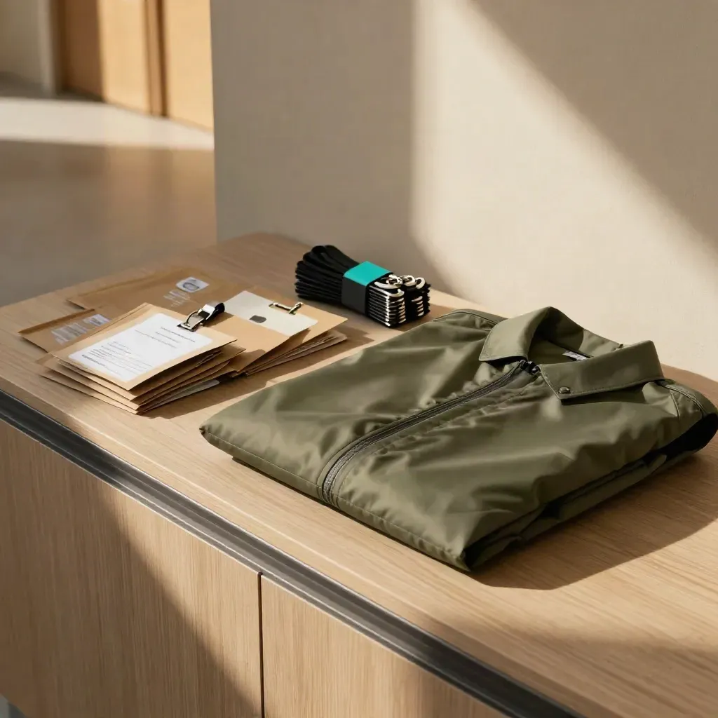 Badges, packets, garment cover and lanyard clips on pale wood in warm corridor light