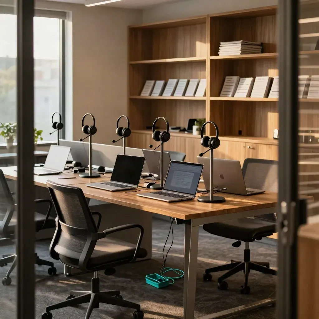 Warm empty SaaS sales floor with eight headset stands, closed laptops and onboarding kits, ready for calls.
