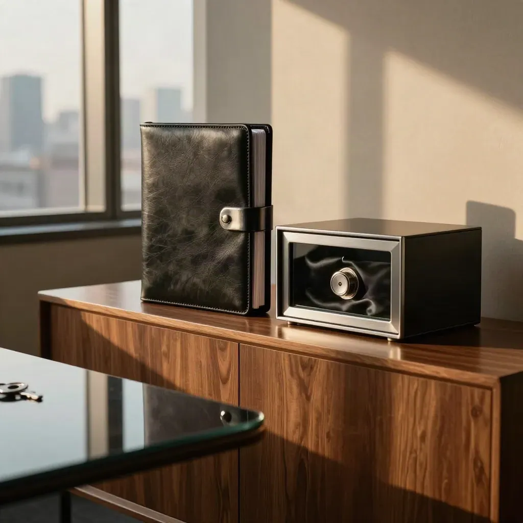 Closed leather deal folio and secure token vault in a modern fintech executive suite