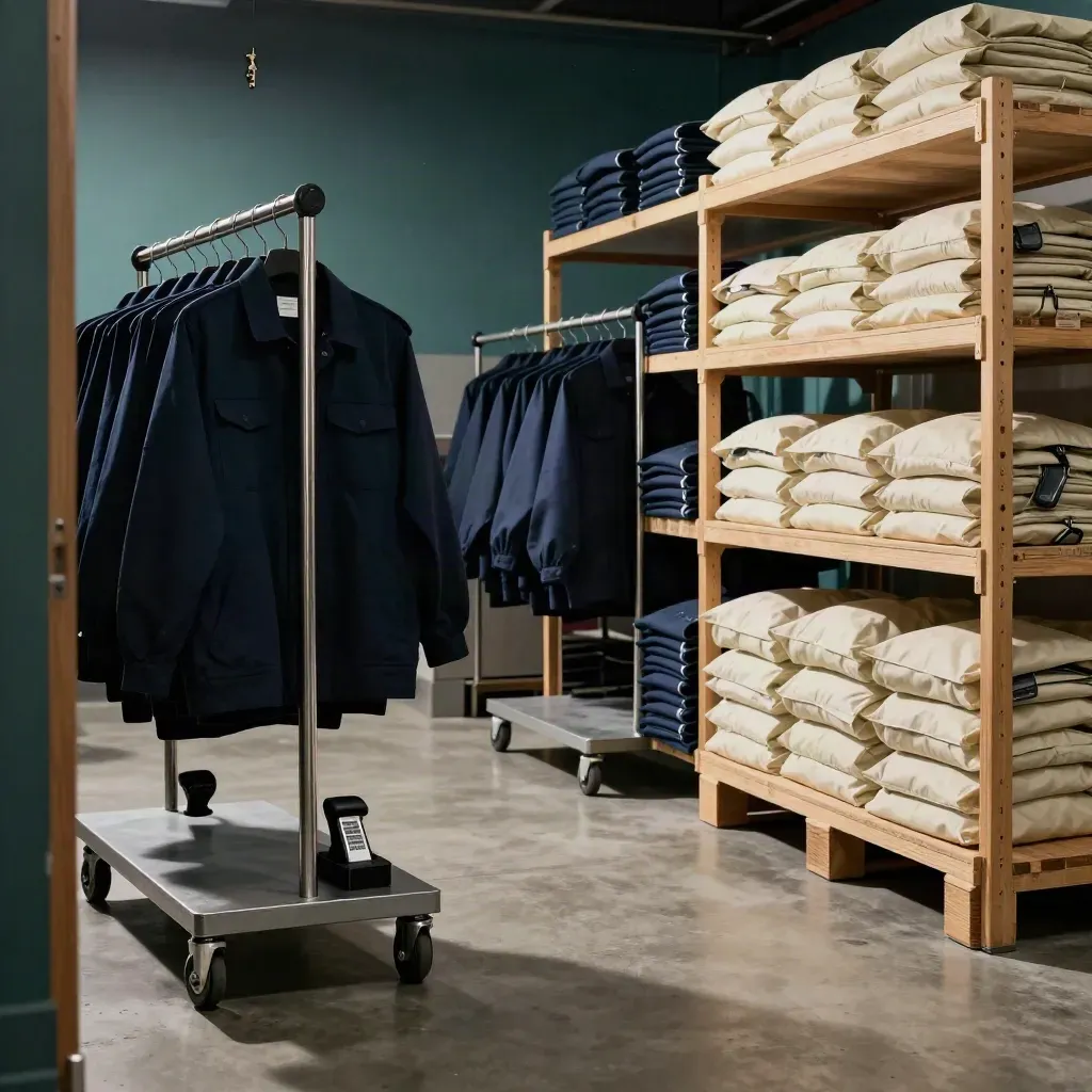 Ready retail stockroom with uniforms, scanners, carts, and staged shift packs.