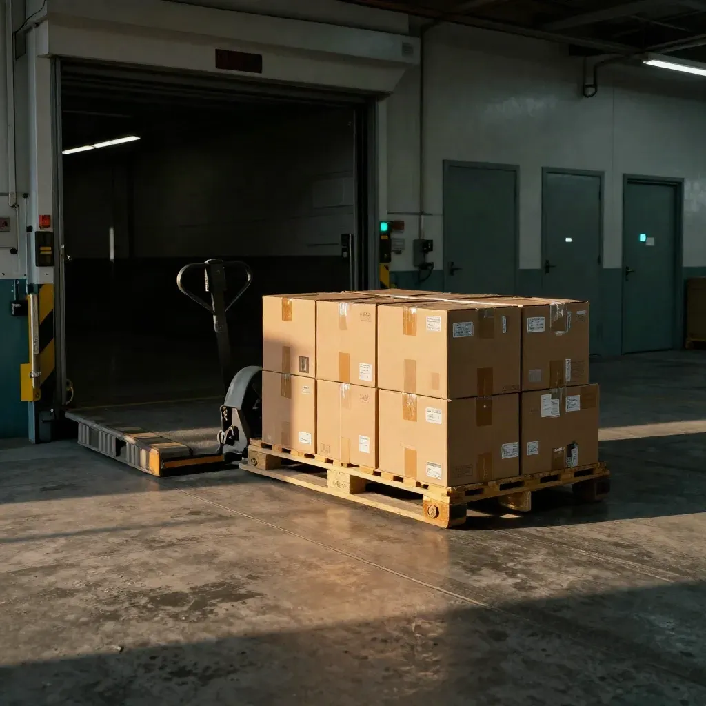 Empty dispatch bay with pallet jack, stacked cartons, and glowing dock doors in moody light.