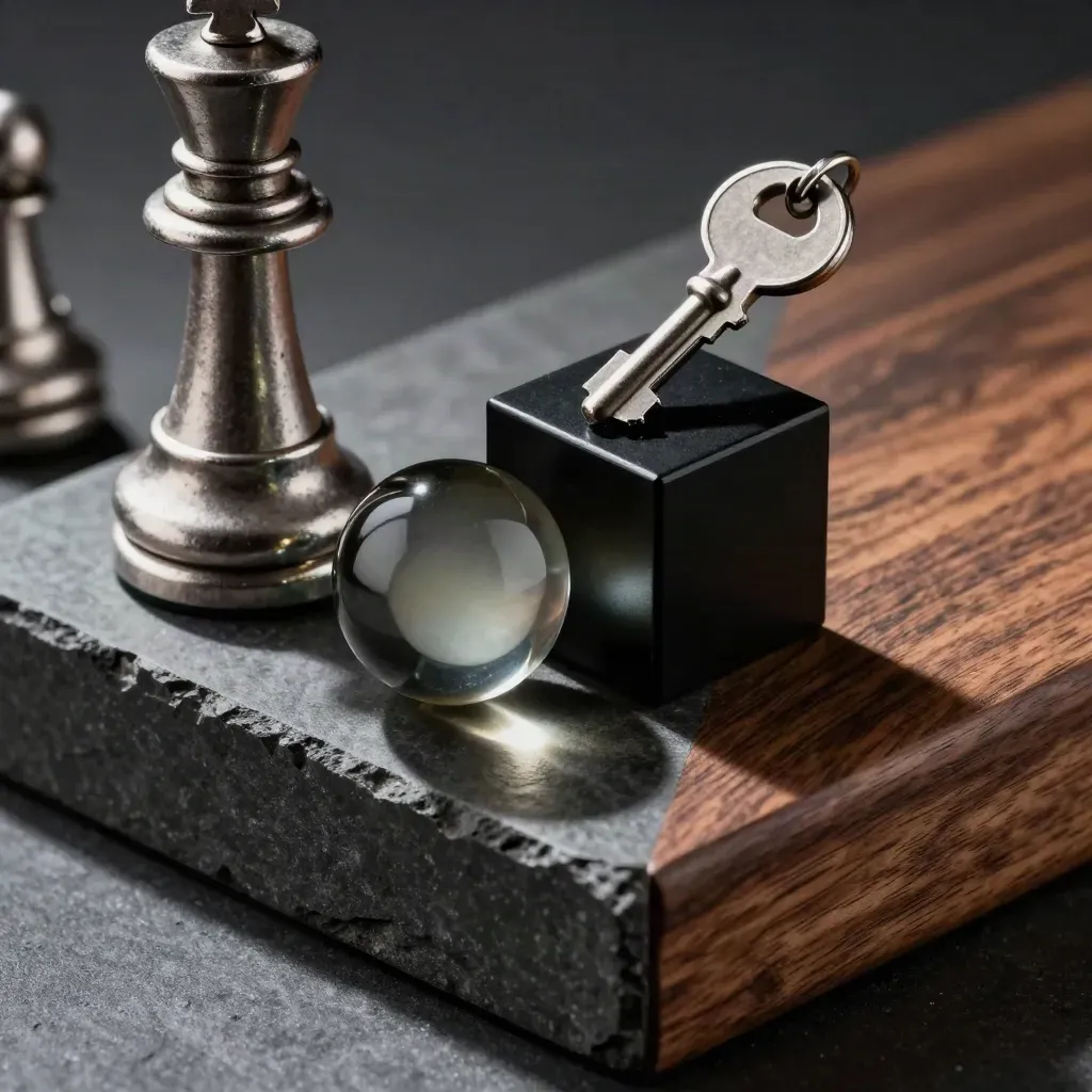 Chess king, smoked-glass paperweight and appointment cube on charcoal stone in dramatic low light.