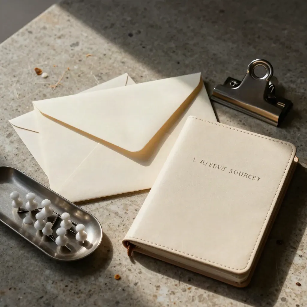 Sealed cream envelopes, pins, address book and clip rail on stone under soft daylight.