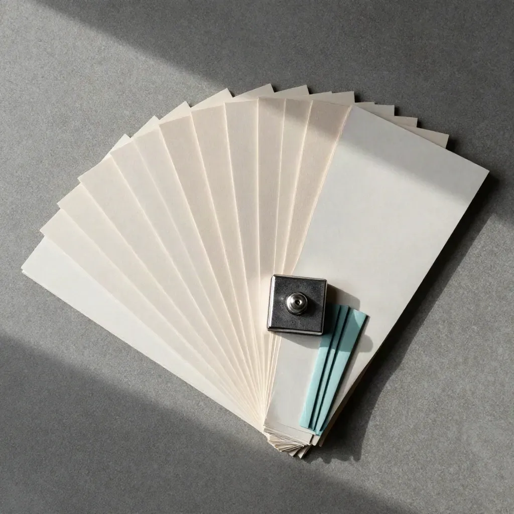 Overhead flatlay of candidate sleeves, clip, stamp block, and teal tabs on brushed concrete.