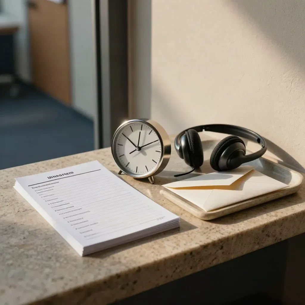 Stone tray with time cards, a side-facing clock, headset cradle, and sealed envelopes in soft office light.