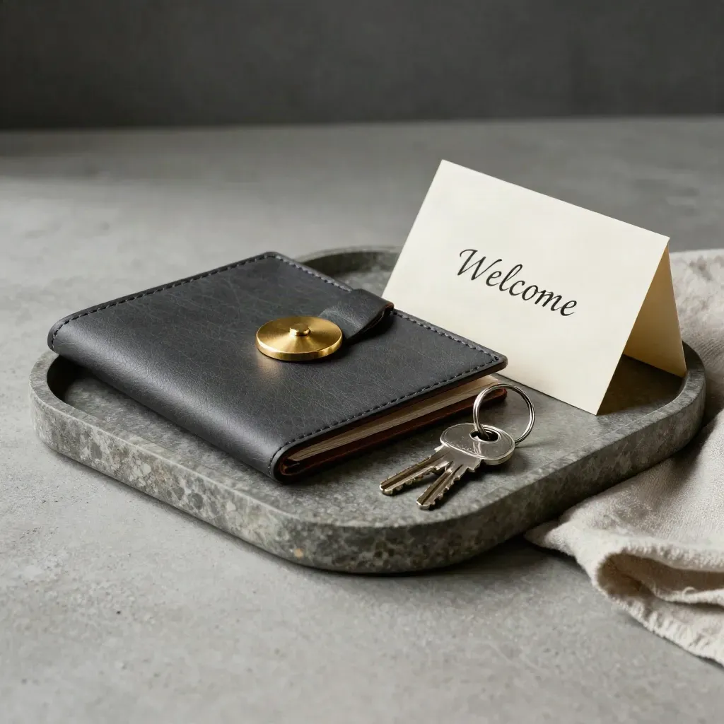 Leather folio, brass seal, keys, and folded welcome card on a stone tray