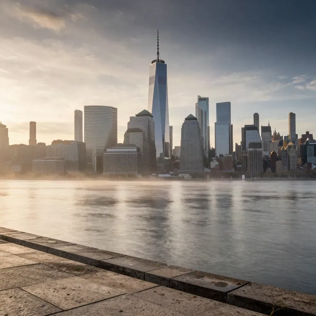 Lower Manhattan skyline at dawn over the East River in mist, with calm copy space below