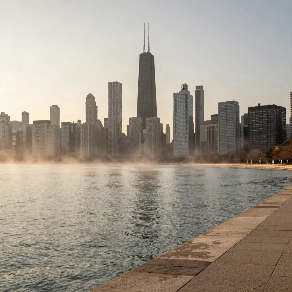 Chicago lakefront skyline glowing through silver mist above a calm shoreline