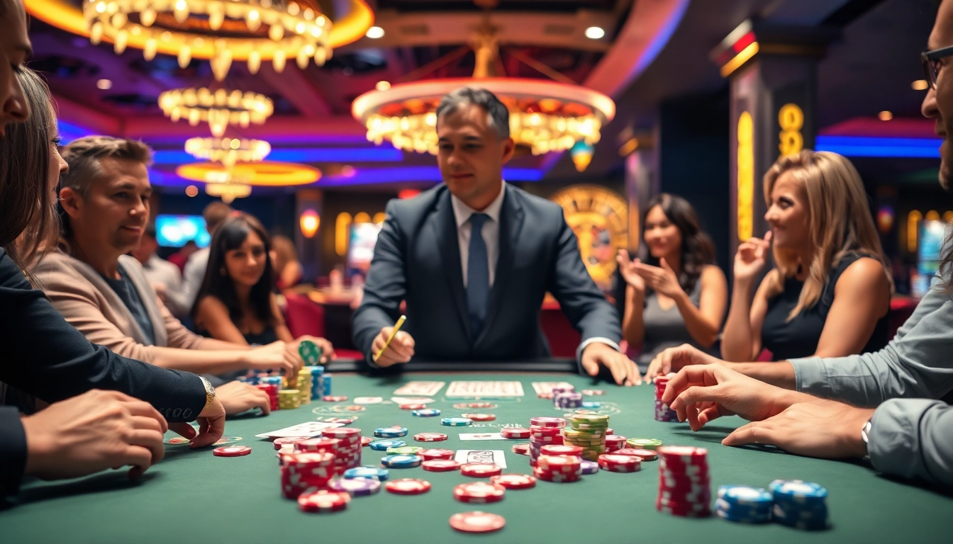 Engaging view of casino-spiele de with colorful chips and eager players at a lively table.