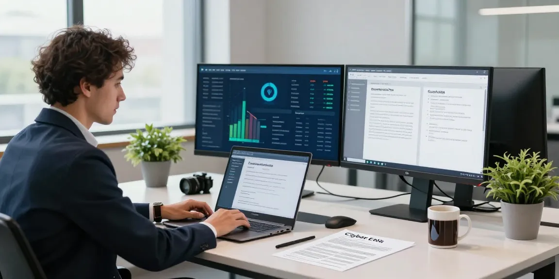 Cyber essentials assessor reviewing cybersecurity compliance metrics in a collaborative office environment.
