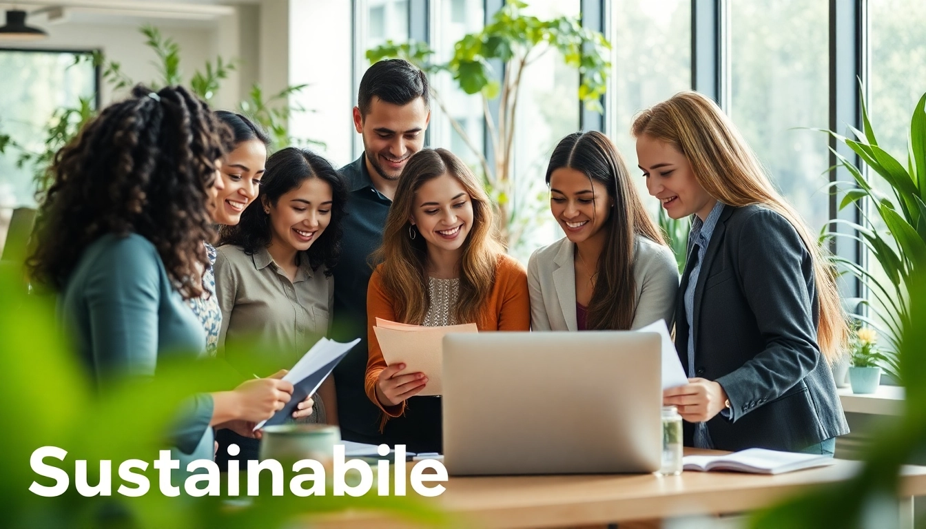 Team sharing ideas on sustainability at https://www.unsustainablemagazine.com in a bright, eco-friendly office.