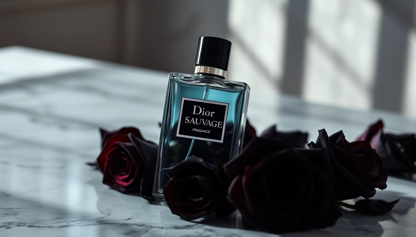 Admire the Dior Sauvage fragrance bottle surrounded by dark roses, exuding luxury.