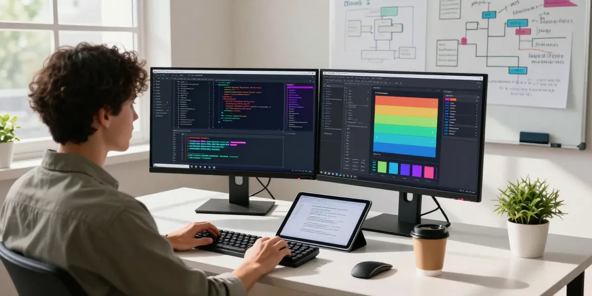 Explore efficient 截图软件下载 in a modern software development workspace with dual monitors, showcasing code and technical documentation.