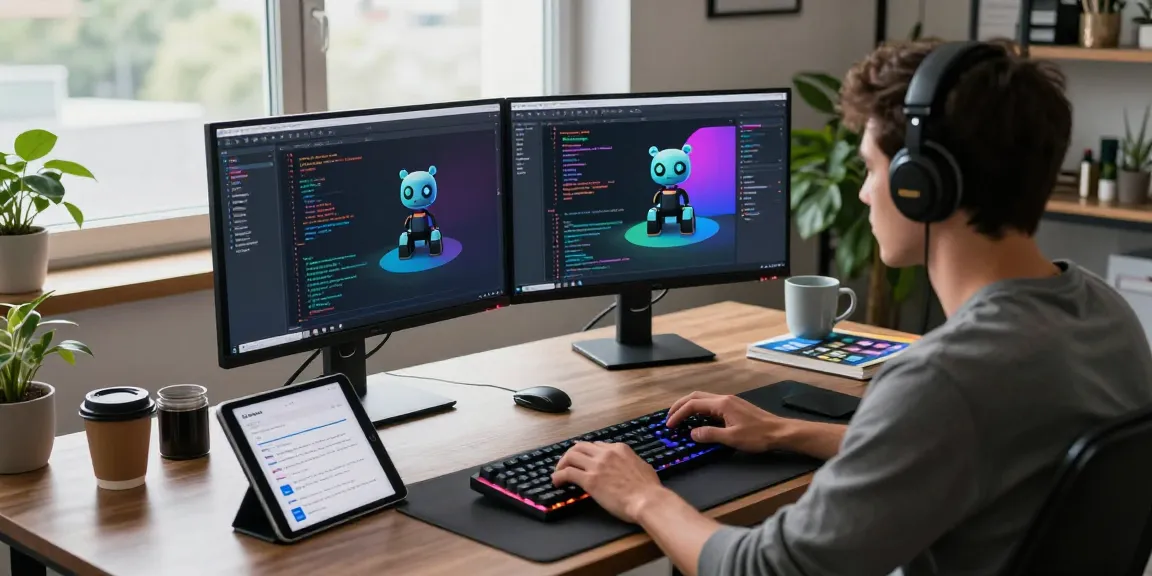 Developer coding on dual screens for clawbot in a modern office workspace filled with tech gadgets.