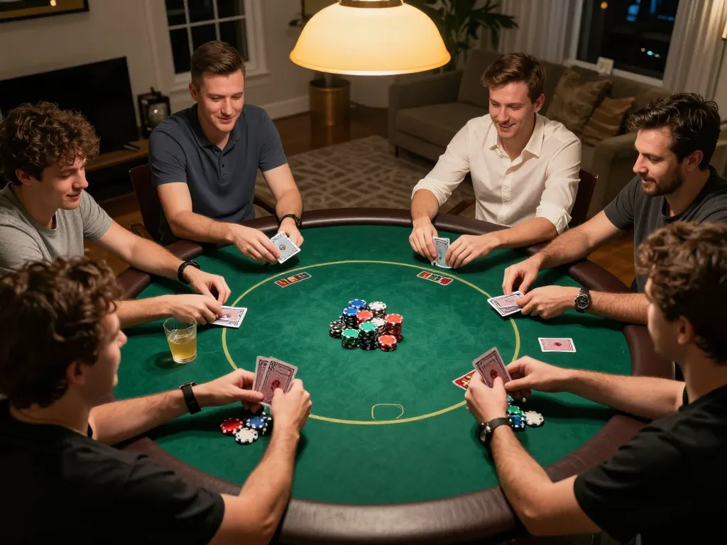 hb88 players enjoying a poker game in a friendly home atmosphere with drinks and snacks