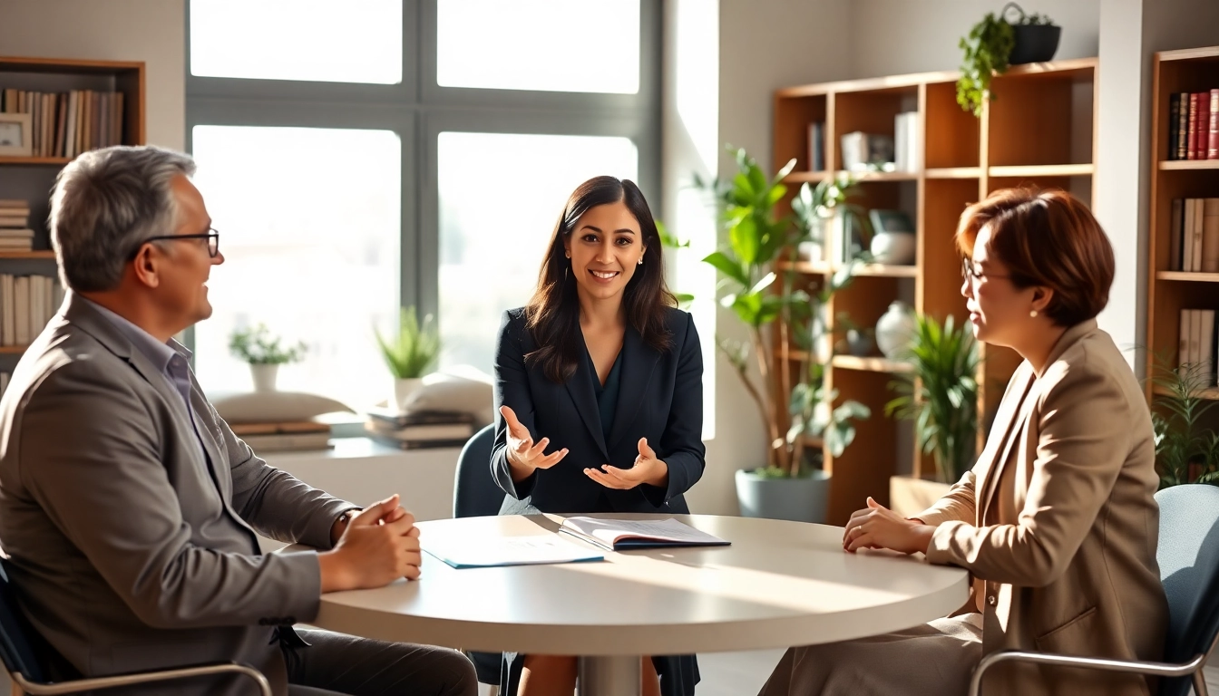 Mediation session with a professional mediator guiding two clients for resolution.