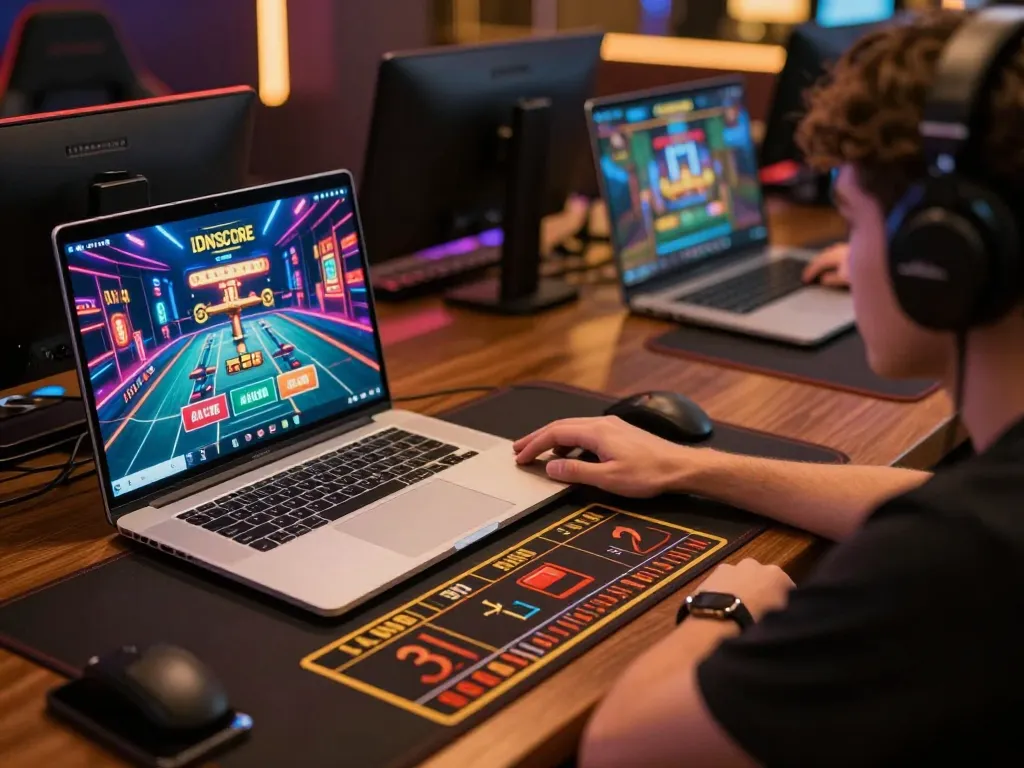 IDNSCORE online gaming setup featuring a dynamic tournament interface and vibrant graphics.