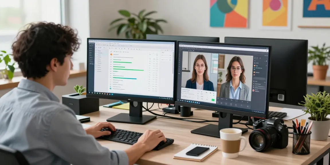 AI image detector analysis in a modern workspace with dual monitors displaying results.