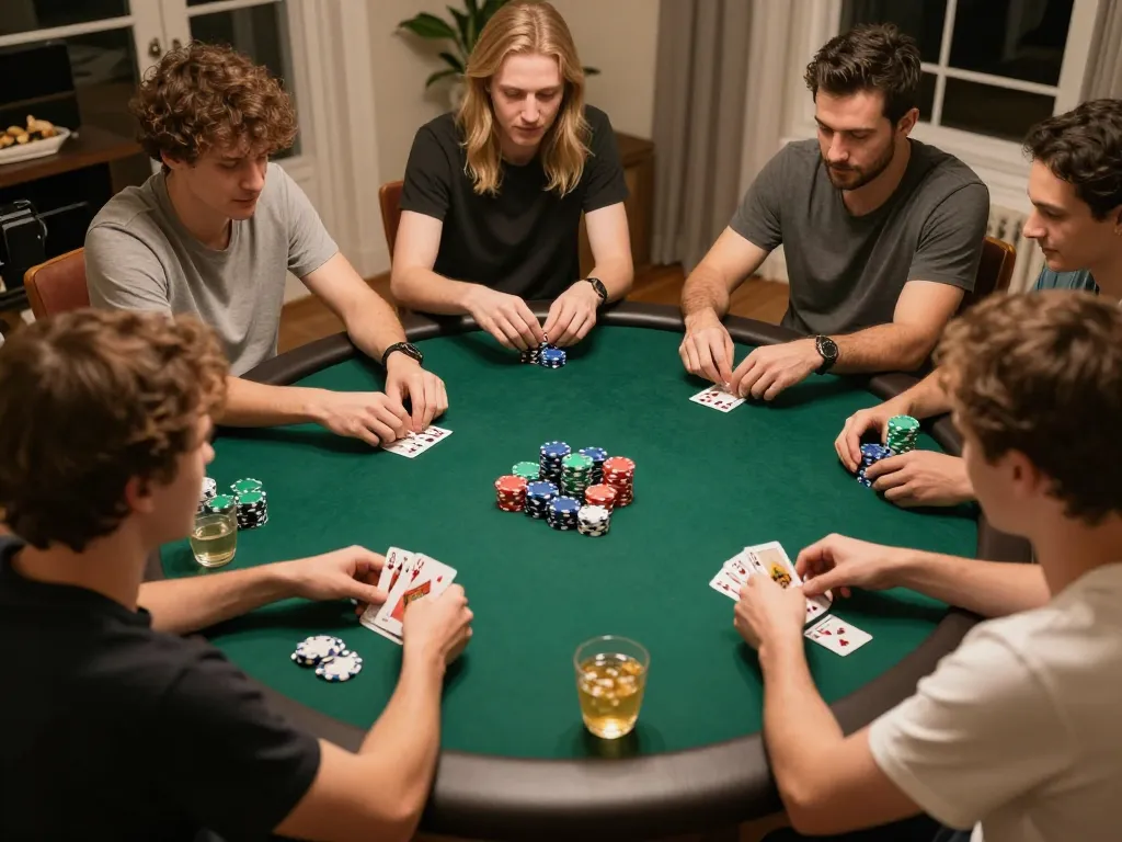 Friends enjoying a lively poker night at home, showcasing strategy and camaraderie in gameplay at 88i.