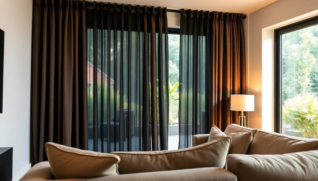 Verduisterende gordijnen creëren een warme sfeer in een modern ingerichte woonkamer.