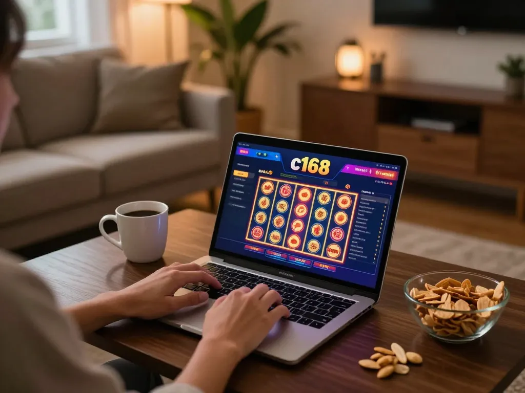 Engaging with c168 com online casino on a laptop, showcasing a vibrant gaming interface in a cozy home.