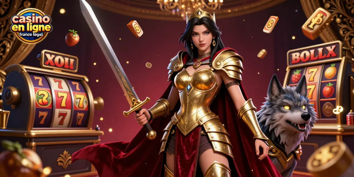 Vivez l'excitation du casino en ligne France légal avec une reine guerrière et son compagnon loup, entourés d'éléments de casino dynamiques.