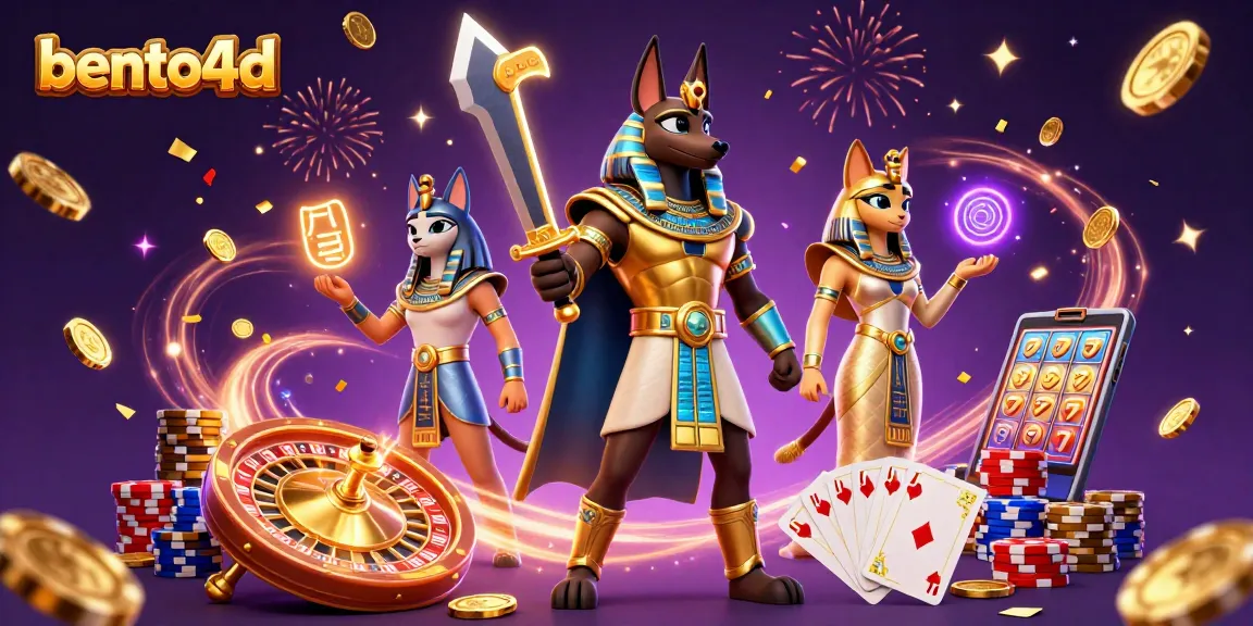 Bento4d menampilkan suasana kasino yang energik dengan Anubis dan Bastet di antara koin emas dan permainan.
