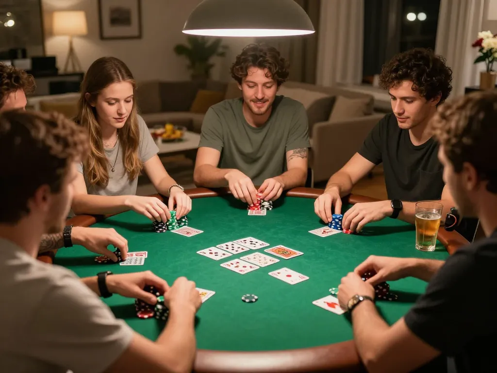 Winstrike69 players strategizing in a lively home poker game, showcasing competitive spirit and camaraderie