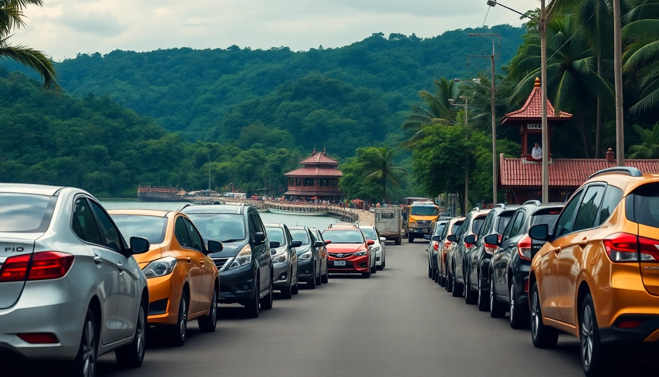 Car rental in Kuching Sarawak with rental cars by the waterfront and lush greenery.