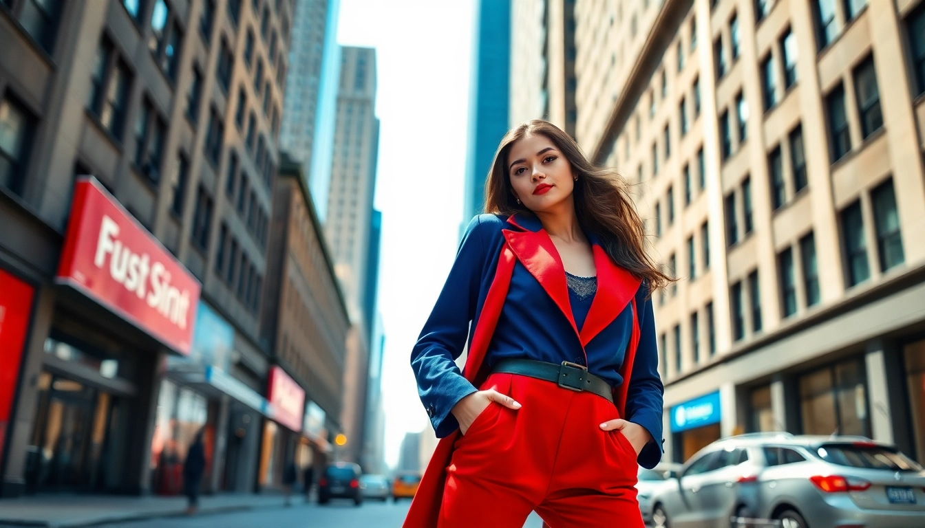 Fashion model showcases stunning urban style in a vibrant outfit amidst a city backdrop.