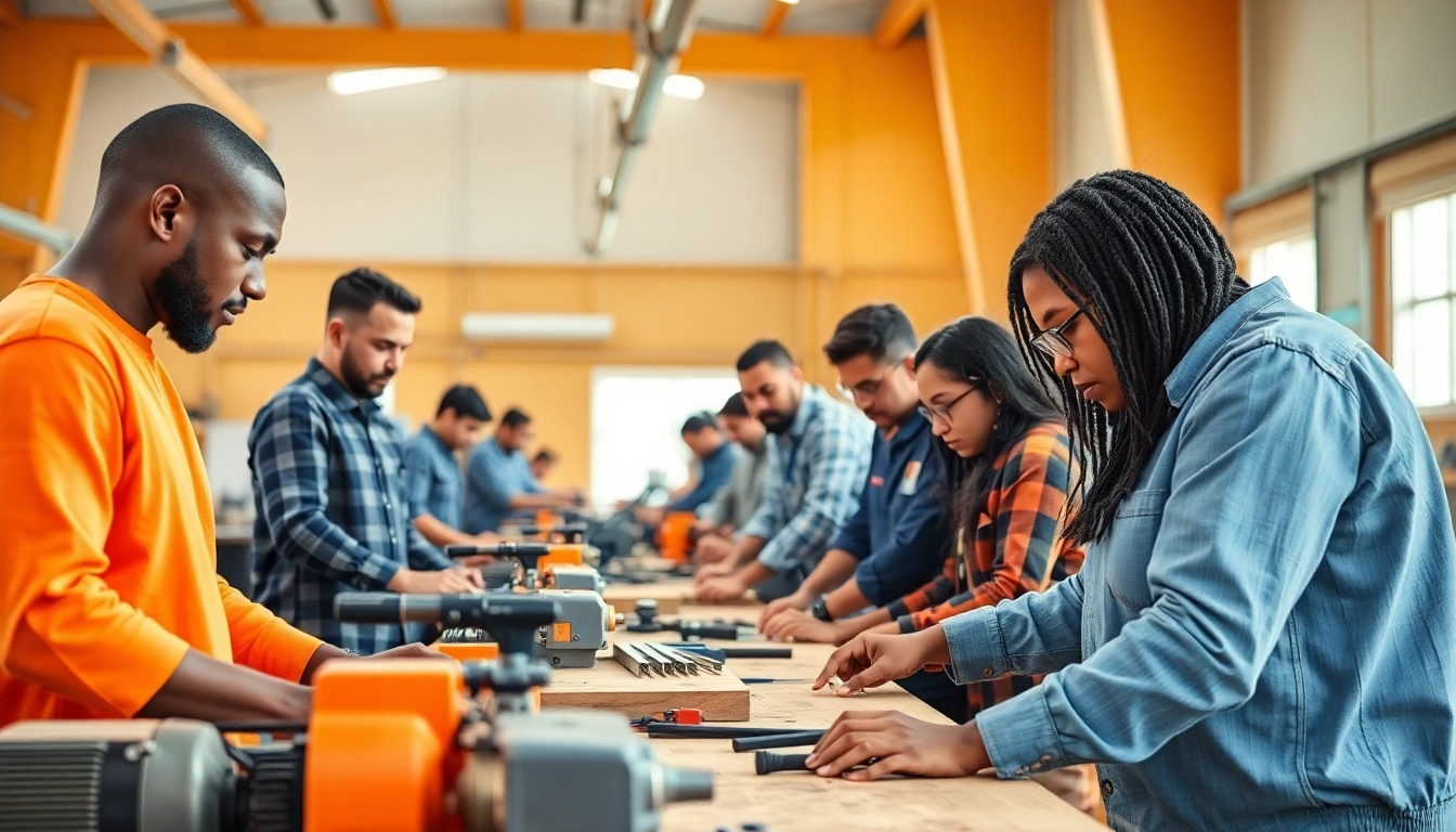 Individuals participating in skilled trades training activities, showcasing teamwork and skill development.