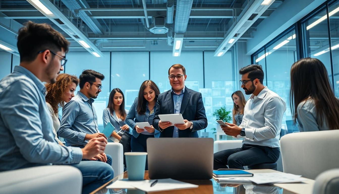 Engaging technology collaboration scene showcasing innovation in a bright workspace.