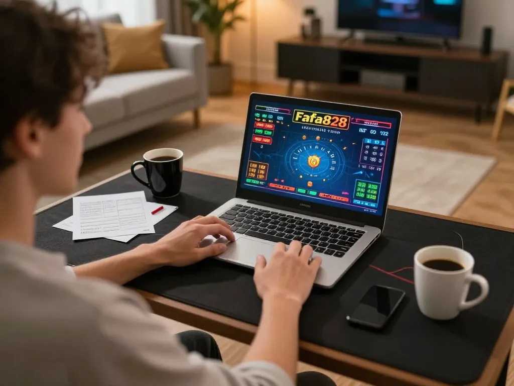 FAFA828 online gaming session with strategic betting displayed on laptop screen.