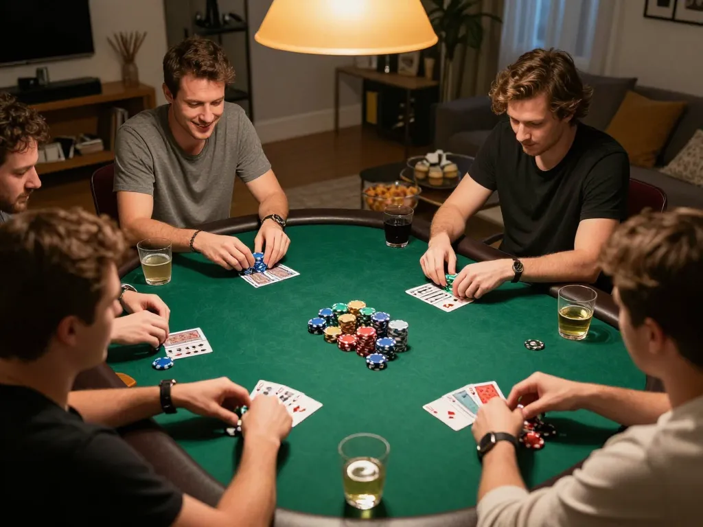 Poker game in a friendly home setting, showcasing vibrant chips and focused players, official website guiding responsible gambling.