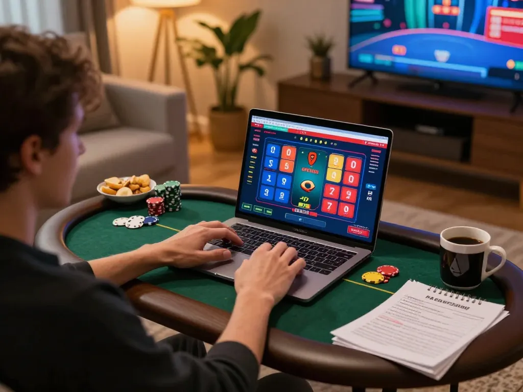 Engaging in online poker gameplay on a laptop, featuring the g28 bookmaker interface, creating a strategic gaming environment.
