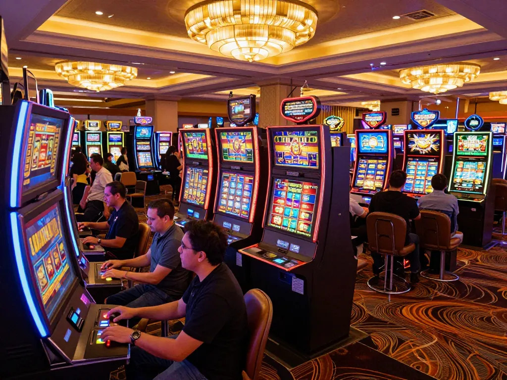 Players engaging with vibrant slot machines in a lively casino environment, highlighting the excitement of gambling