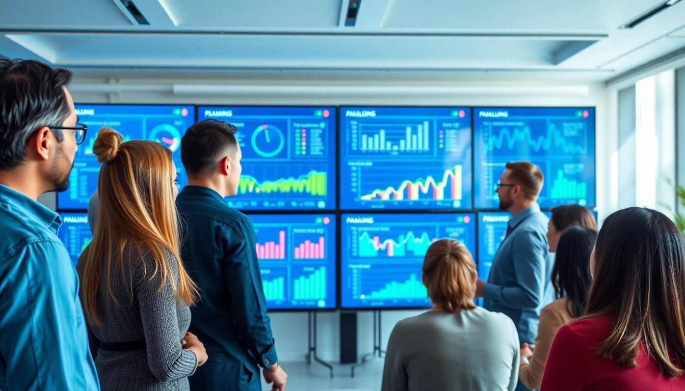 Team collaborating with an advanced planning system interface and dynamic data visuals.