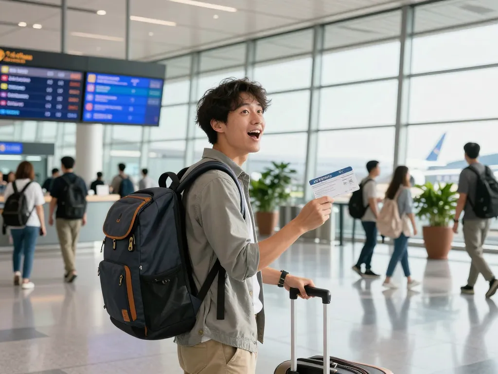 Excited traveler preparing to board the Boeing 787-9P at a busy airport terminal, showcasing travel spirit.