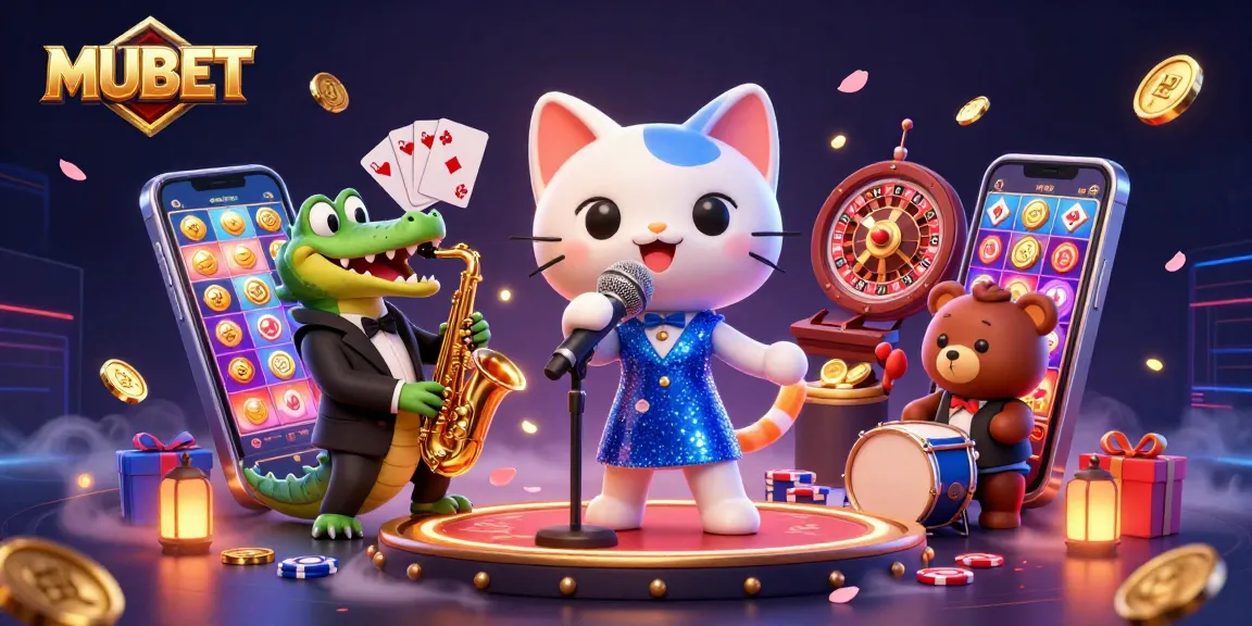 MUBET showcases a lively casino scene with a jazz-singer cat, saxophonist crocodile, and drum-playing bear, surrounded by vibrant gaming elements.