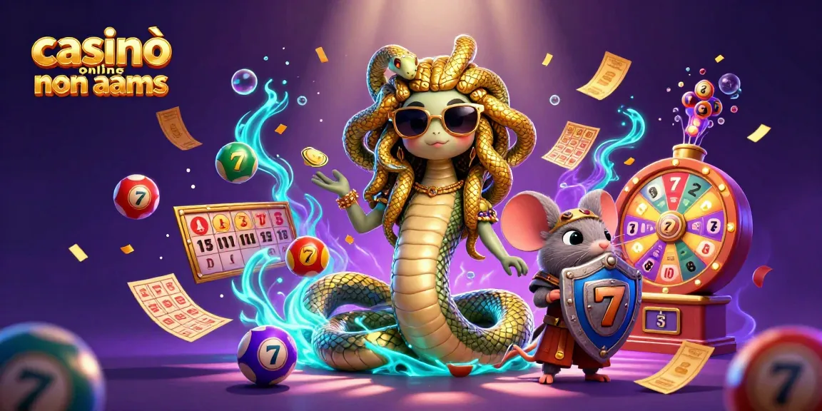 Interagisci con casinò online non aams che presentano Medusa e un topo guerriero tra elementi di casinò vivaci.