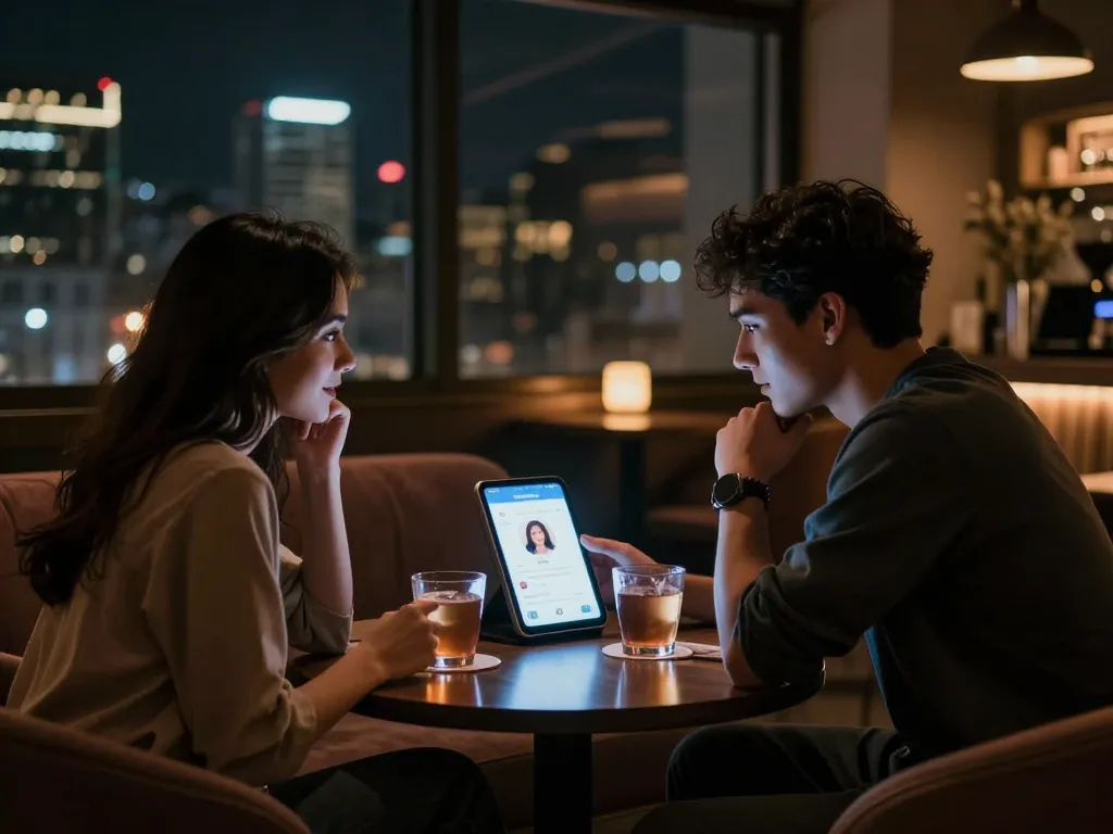 Couple chatting in a cozy lounge about sex chat ai interactions on a glowing device.