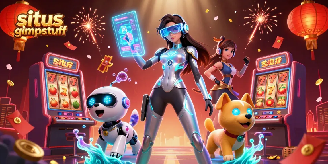 Engage with situs gimpstuff through a dynamic 3D casino experience, showcasing vibrant slot machines.