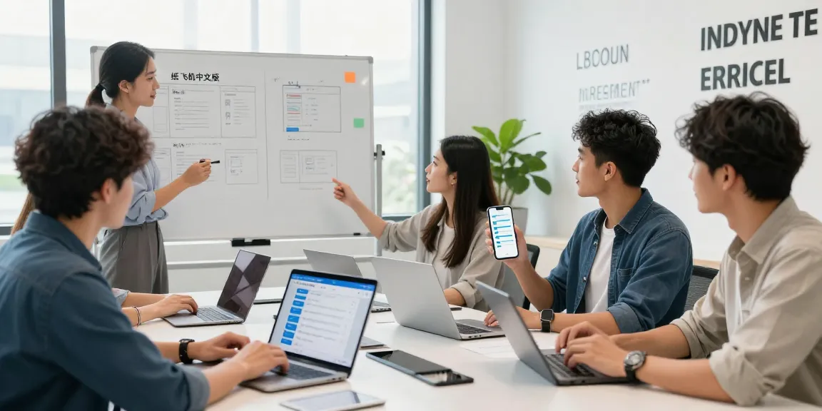 Collaboration around 纸飞机中文版 app design in a modern office