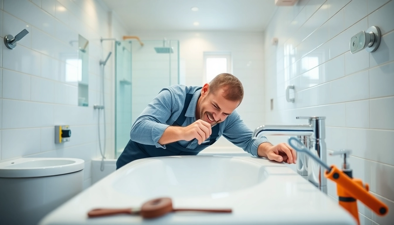 Installateur von sonni sanitär GmbH montiert moderne Sanitäranlagen in einem hellen Badezimmer.