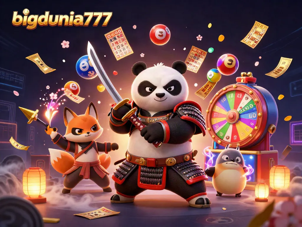 Experience thrilling wins at bigdunia777 with a dynamic 3D casino scene featuring samurai panda, ninja fox, and a spirit tanuki.