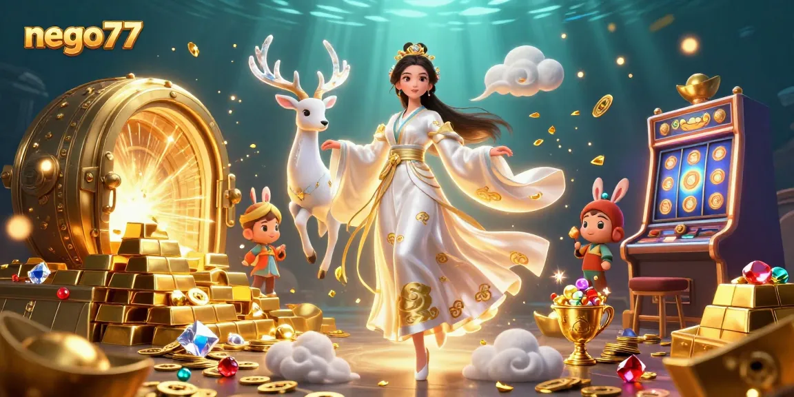 Nego77 offers thrilling slot games featuring an ethereal Asian woman, golden treasures, and winning symbols.