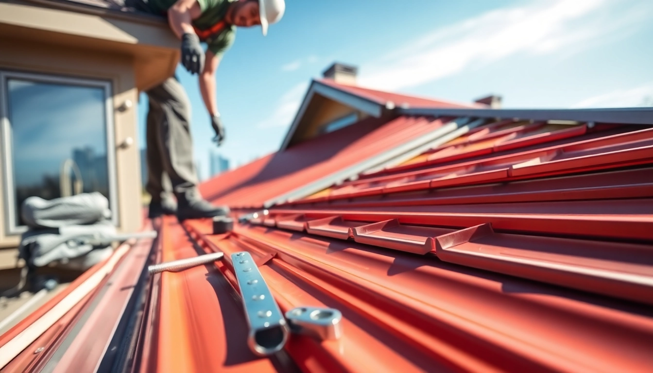 Enhance your home with metal roofing calgary, showing skilled installation and vibrant panels in a sunny setting.