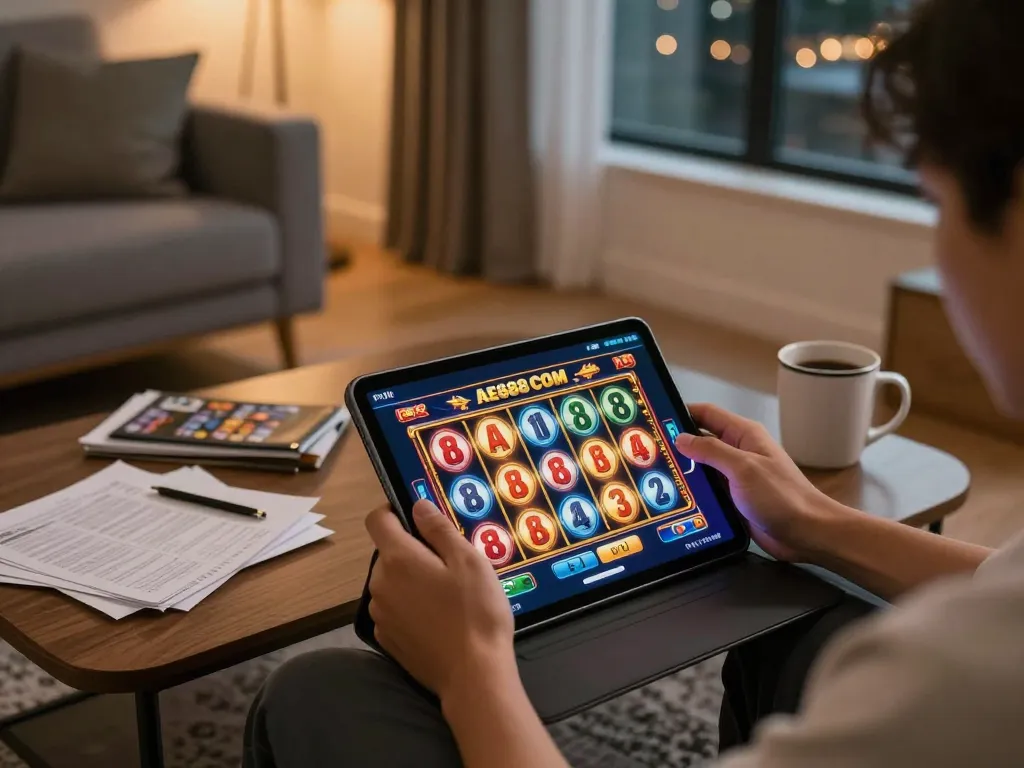 Engaging in AE888 COM on a tablet in a cozy room while enjoying exciting slot gameplay.