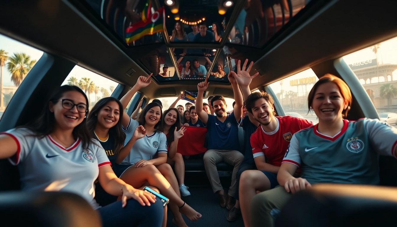Luxurious World Cup Group Transportation featuring fans in a limousine celebrating on their way to the match.
